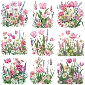 Pink Floral Heat Transfer Patches For Clothes Iron On Stickers Tulip Daisy DTF Transfers For T-Shirts Washable DIY Apparel Decor