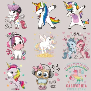 Cartoon Unicorn Owl Heat Transfer Patches Colorful Iron On Appliques For T-Shirt Clothing DIY Decoration Washable Stickers