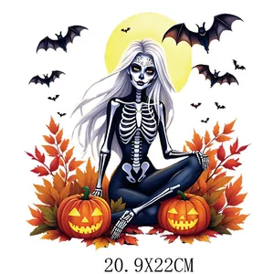 Halloween skeleton girl and pumpkin heat transfer vinyl patch for DIY T-shirt decoration
