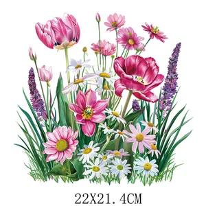Vibrant pink and white flower bouquet heat transfer sticker for clothing, 22x21cm.