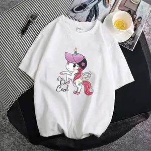 White cotton t-shirt featuring a cute cartoon unicorn heat transfer print and Be Cool text