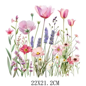 Beautiful pink floral bouquet heat transfer sticker for clothing, size 22x21.2cm.