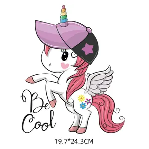 Cute cartoon unicorn heat transfer sticker with cap and flowers for clothes, 19.7x24.3cm