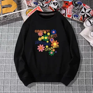 Retro style black sweatshirt featuring colorful daisy and smiley face heat transfer DIY print