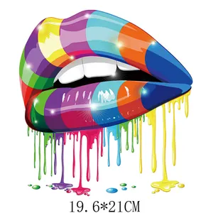 Colorful rainbow lips heat transfer sticker for DIY clothing decoration, 19.6x21cm
