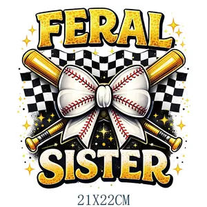 Feral Sister baseball heat transfer patch with bats and bow, 21x22cm sticker