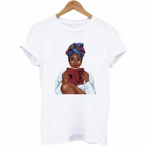 White crew neck T-shirt featuring an African woman 'Know Your Roots' graphic design
