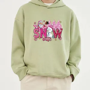 Close-up of pink Christmas Santa heat transfer decal on a green hoodie