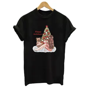 Black short sleeve T-shirt with Christmas tree and girl heat transfer print