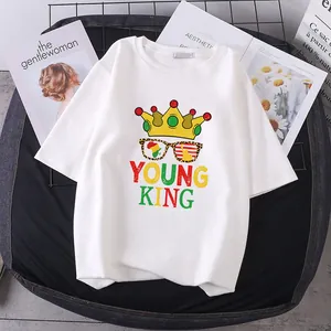 Detailed view of Young King heat transfer print on a white T-shirt