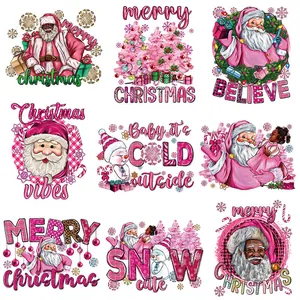 Pink Christmas Santa Claus Heat Transfer Patches For T-Shirt Pink Christmas Tree Snowman Iron On Patches For Clothing DIY Washable Applique