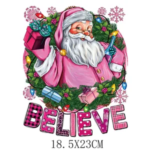 Pink Santa Claus Christmas heat transfer sticker for DIY clothing iron-on print decorative