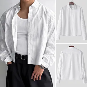 Collage showing front, back, and model view of a men's loose vertical striped shirt.