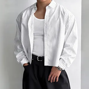 Men's stylish loose cropped long-sleeved striped shirt with vertical black lines