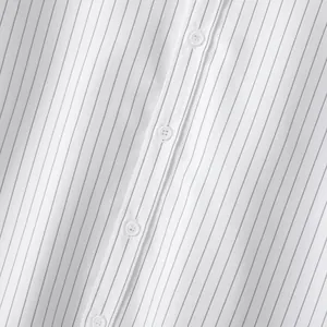 High-quality macro detail of men's white striped shirt showing buttons and premium fabric texture.