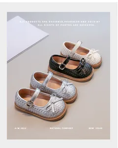 Eleganti scarpe basse da bambina stile francese con fiocco e tomaia a trama intrecciata