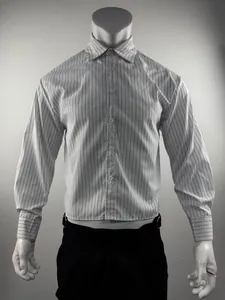 Detailed front view of a classic white pinstripe long-sleeved men's button-up shirt