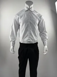 Professional front view of a vertical striped long sleeve shirt for men on a mannequin