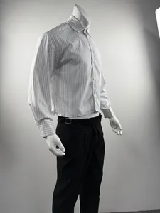 Detailed side view of a white striped long-sleeve men's shirt with cropped fit