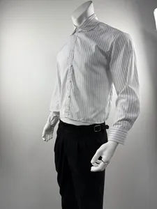 Side view of a white pinstripe long sleeve cropped shirt for men on a mannequin