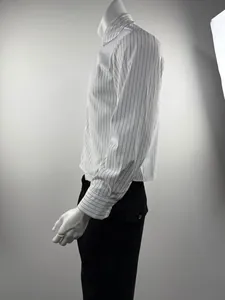 Side view of men's white long-sleeved shirt with fine black vertical stripes