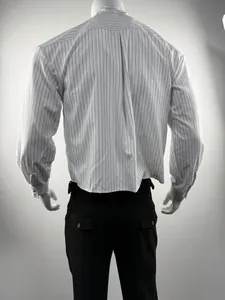 Back view of a men's loose vertical striped long-sleeved shirt on a white mannequin