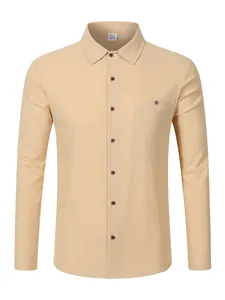 High-quality men's casual beige long-sleeved linen shirt with chest pocket detail