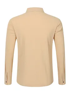 Back view of a casual men's beige linen long-sleeve shirt showing the neat collar detail