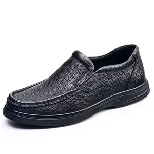 Classic black men's genuine cowhide leather slip-on loafers with textured finish