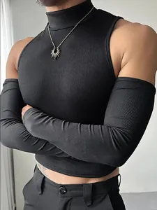Top de hombre negro de cuello alto acanalado con mangas largas desmontables a juego