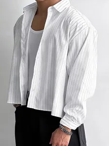 Men Vertical Striped Shirt Polyester Long Sleeve Loose Fit Button Down Casual Top For Autumn Fashion Office Daily Wear