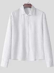 Men's vertical pinstripe long-sleeve casual button-down shirt in a loose-fit style