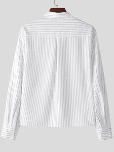 Professional back view of a white men's long-sleeved shirt with black pinstripes