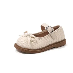Scarpe Mary Jane stile francese per bambina bianco sporco con trama intrecciata e fiocco
