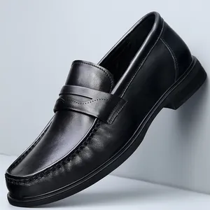 Men Business Casual Genuine Leather Loafers Slip-on Driving Shoes Top Layer Cowhide Breathable Soft Sole Black Moccasins