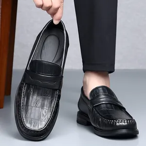 Premium black genuine cowhide leather loafers for men with elegant embossed pattern