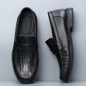 Premium black genuine leather men's loafers featuring sophisticated crocodile texture detail