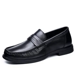 Premium black genuine leather business loafers for men with comfortable soft sole design