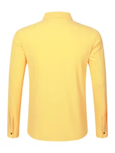 Back view of a yellow men's casual long sleeve linen shirt with classic collar detail
