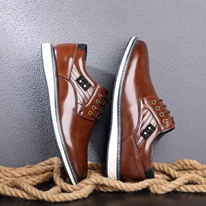Premium brown men's casual leather shoes featuring a stylish Korean design with thick white soles