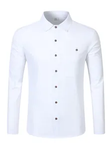 Frontal view of white linen blend long-sleeved shirt with decorative brown patterned buttons.