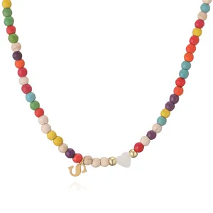 Colorful turquoise bead necklace with stainless steel letter S and heart charm