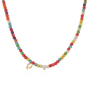 Handmade colorful bead necklace with gold stainless steel initial D and heart charm