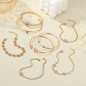 Fashion Stainless Steel Pink Rhinestone Bangle Bracelet Set For Women 18K Gold Plated Clover Heart Star Jewelry Accessories