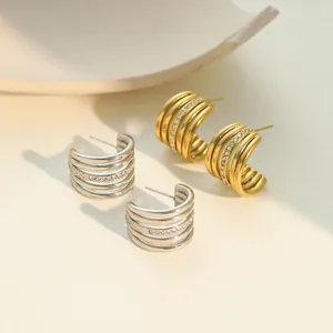 Europäischer Stil Edelstahl Breite Creolen Für Damen Mehrkreisige Rille Mit Strass Besetzt Mode Vielseitiger Ohrschmuck