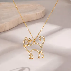 Roestvrij Staal Verguld Holle Kat Hanger Halsketting Met Strass Mode Minimalistische Sieraden Voor Vrouwen Partij Gift
