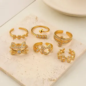 Anello Aperto in Acciaio Inossidabile Placcato Oro per Donna Cartone Animato Gatto Lisca di Pesce Cuore Fiore Con Strass