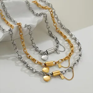 Punk Stainless Steel Chunky Chain Heart Square Tag Pendant Necklace For Women Gold Silver Two Tone Layering Jewelry