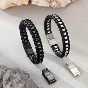 Herren Business Geflochtenes Lederarmband Edelstahl Spleißen Minimalistischer Reifer Stil Pendeln Accessoire Schmuck Geschenk