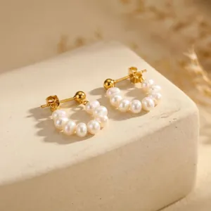 Pendientes de Aro en Forma de C de Estilo Europeo Americano de Acero Inoxidable Chapado en Oro Con Perla Natural de Agua Dulce Joyería Mujer
